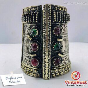 Single Gypsy Kuchi Bracelet With Glass Stones, Hinged, Vintage Cuff